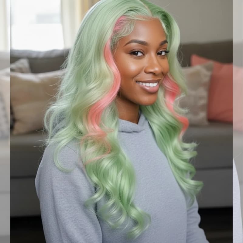SZC Pastel Green With Pink Skunk Stripe 13x4 HD Lace Front Virgin Human Hair Wigs