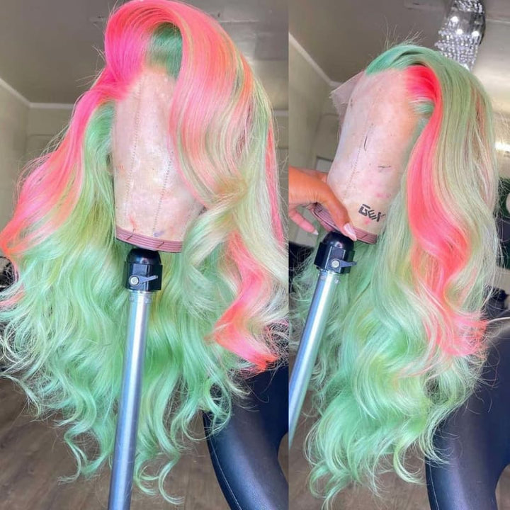 SZC Pastel Green With Pink Skunk Stripe 13x4 HD Lace Front Virgin Human Hair Wigs