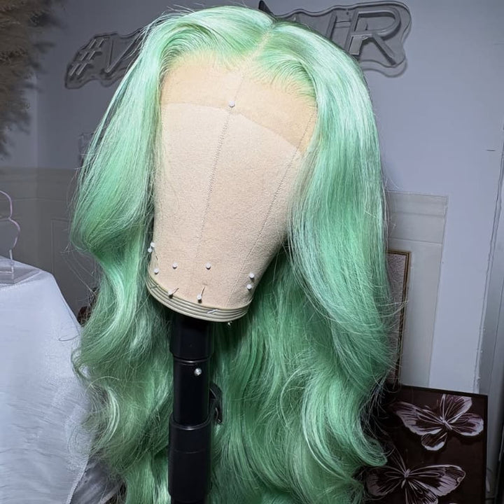 SZC Pastel Ice Mint Green 13x4 Lace Front Virgin Human Hair Wigs 200 Density