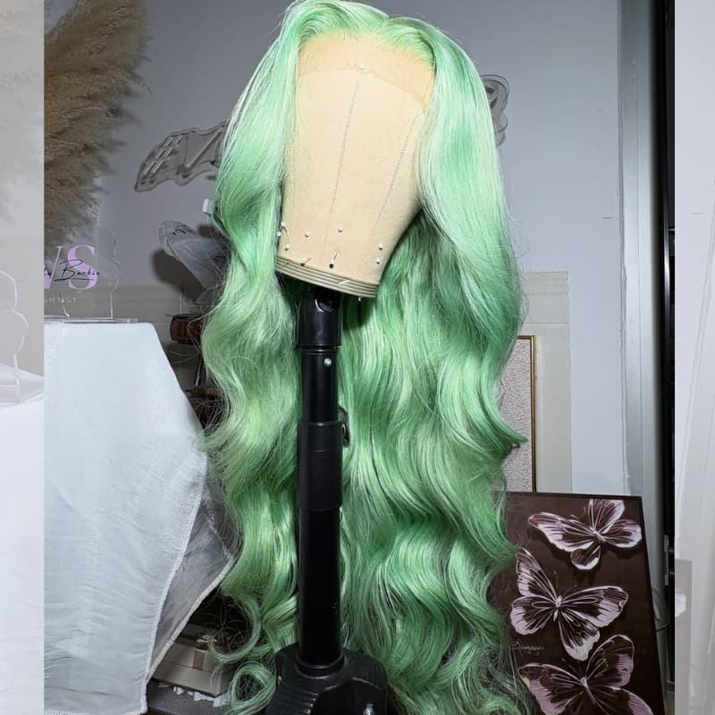 SZC Pastel Ice Mint Green 13x4 Lace Front Virgin Human Hair Wigs 200 Density