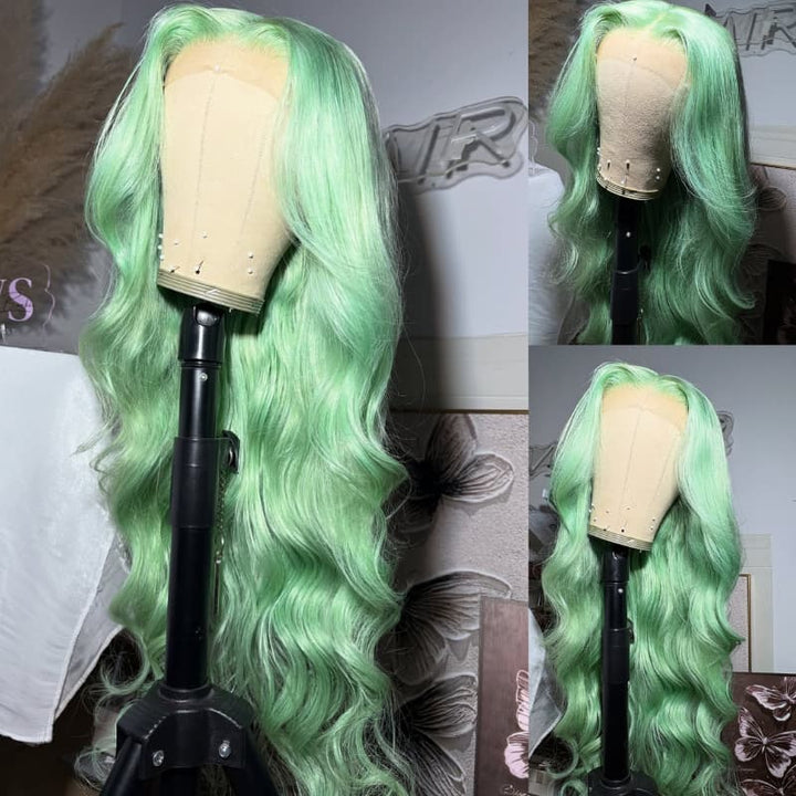 SZC Pastel Ice Mint Green 13x4 Lace Front Virgin Human Hair Wigs 200 Density