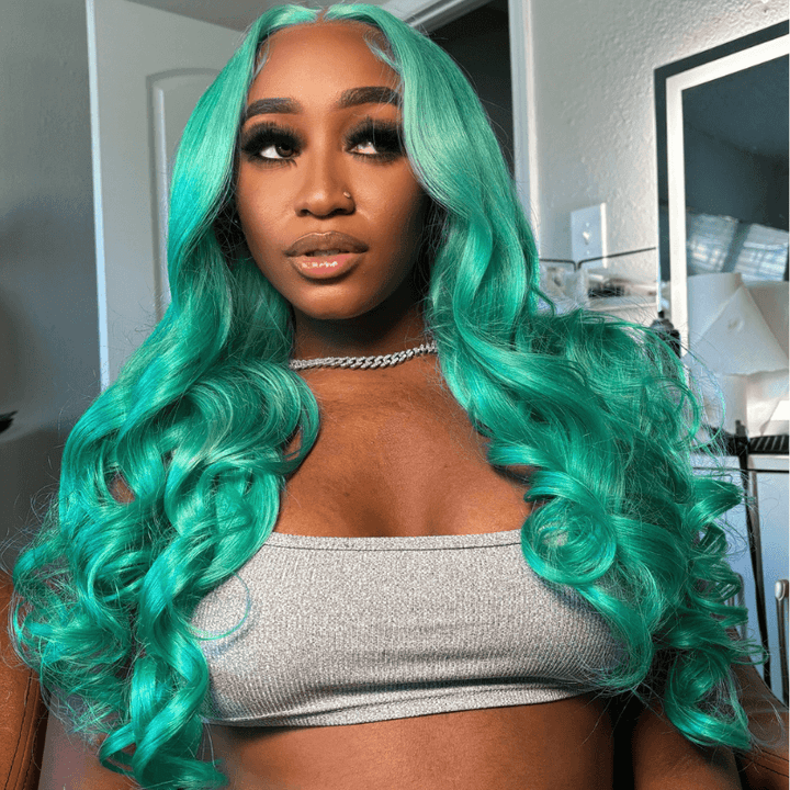 SZC Pastel Mint Green Color Body Wave Lace Front Virgin Human Hair Wig