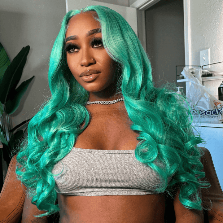SZC Pastel Mint Green Color Body Wave Lace Front Virgin Human Hair Wig