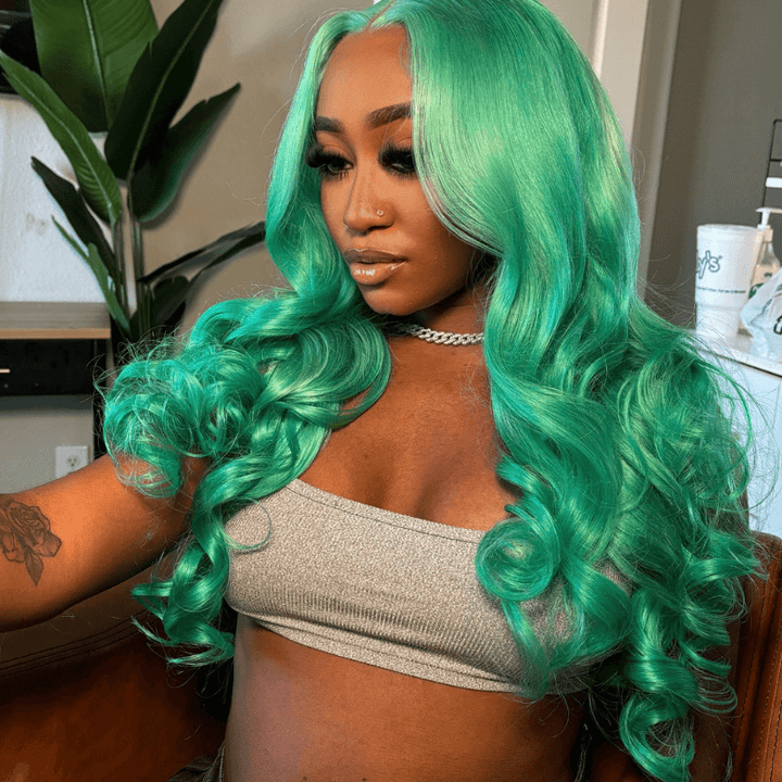 SZC Pastel Mint Green Color Body Wave Lace Front Virgin Human Hair Wig