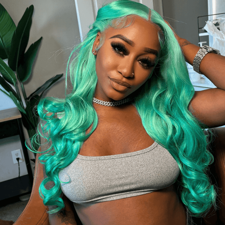 SZC Pastel Mint Green Color Body Wave Lace Front Virgin Human Hair Wig