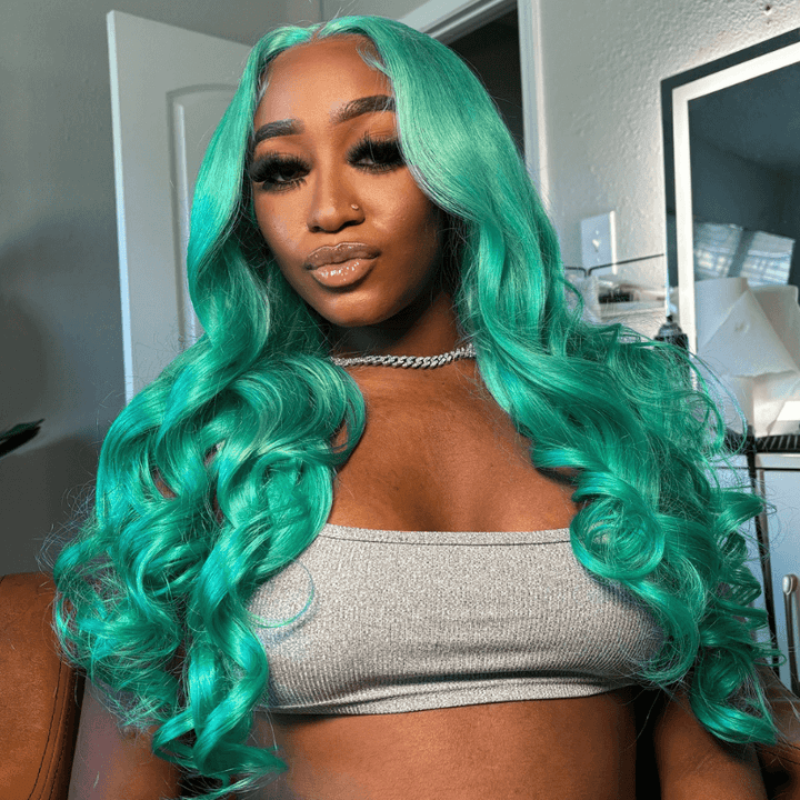SZC Pastel Mint Green Color Body Wave Lace Front Virgin Human Hair Wig