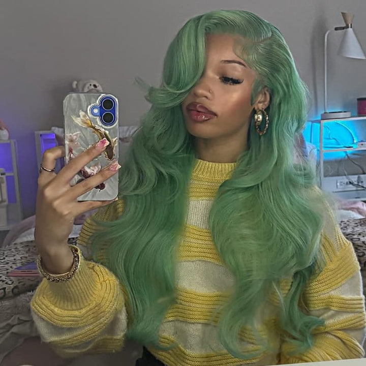 SZC Pastel Teal Green 13x4 Lace Front Virgin Human Hair Wigs 200 Density