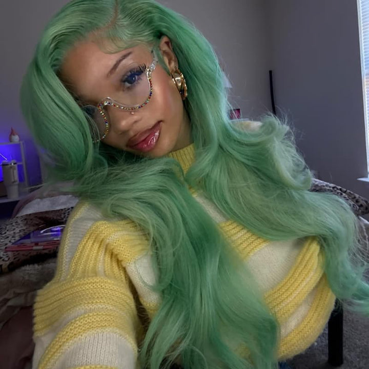 SZC Pastel Teal Green 13x4 Lace Front Virgin Human Hair Wigs 200 Density