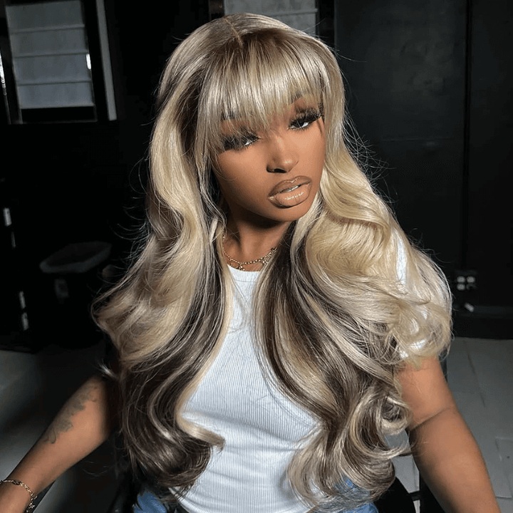 SZC Peekaboo Blonde Brown Virgin Human Hair Wig With Bangs 200 Density