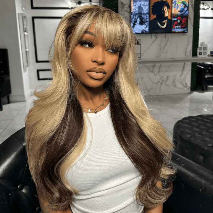 SZC Peekaboo Blonde Brown Virgin Human Hair Wig With Bangs 200 Density