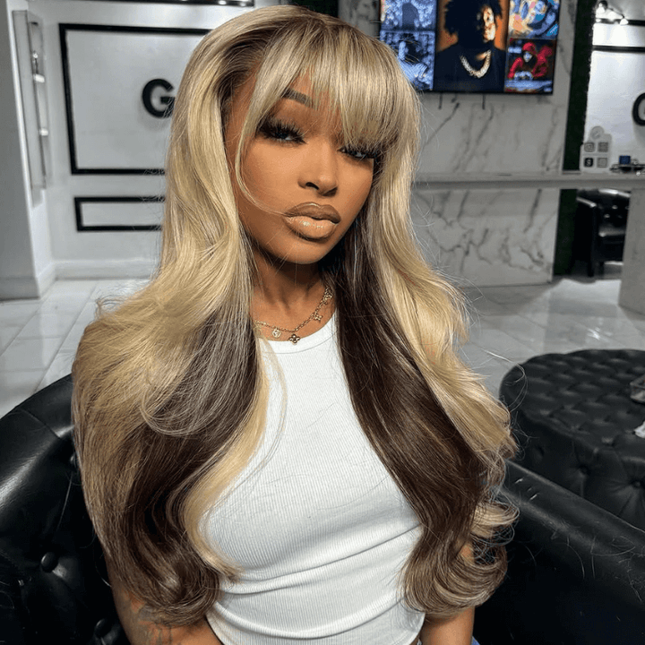 SZC Peekaboo Blonde Brown Virgin Human Hair Wig With Bangs 200 Density