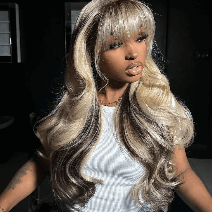 SZC Peekaboo Blonde Brown Virgin Human Hair Wig With Bangs 200 Density