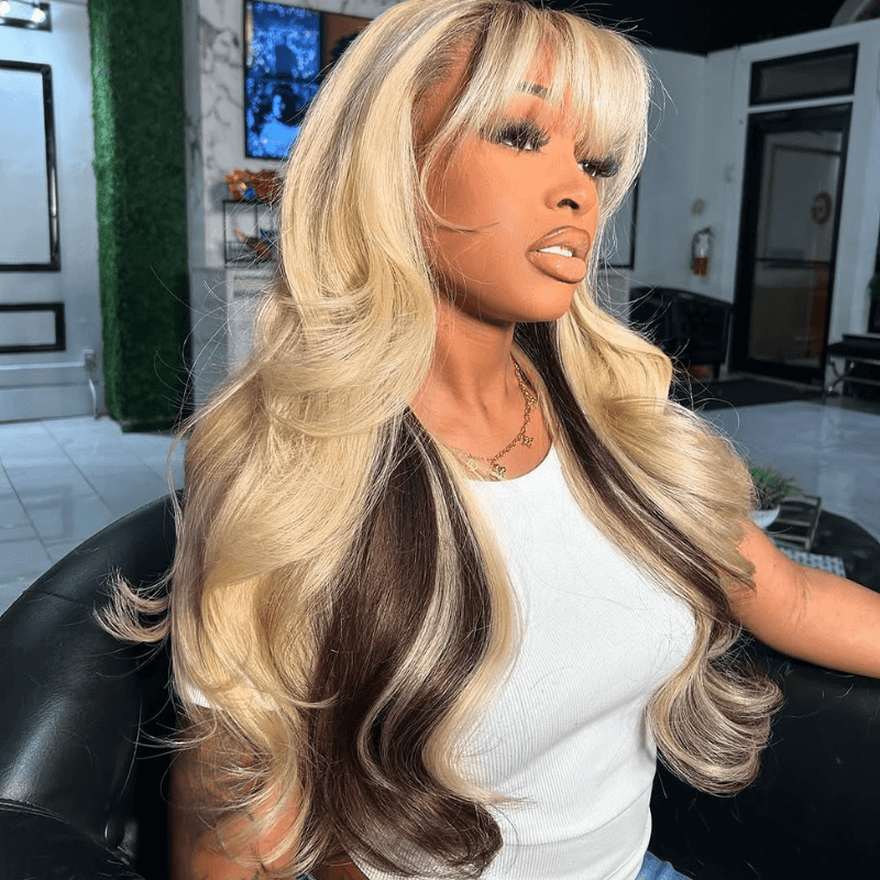 SZC Peekaboo Blonde Brown Virgin Human Hair Wig With Bangs 200 Density