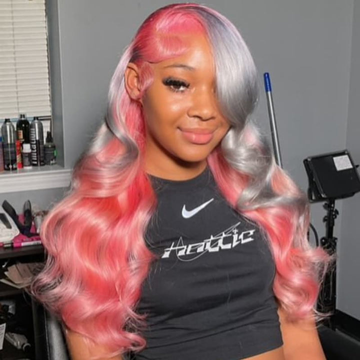 SZC Peekaboo Gray Pink Color 13x4Lace Front Virgin Human Hair Wig