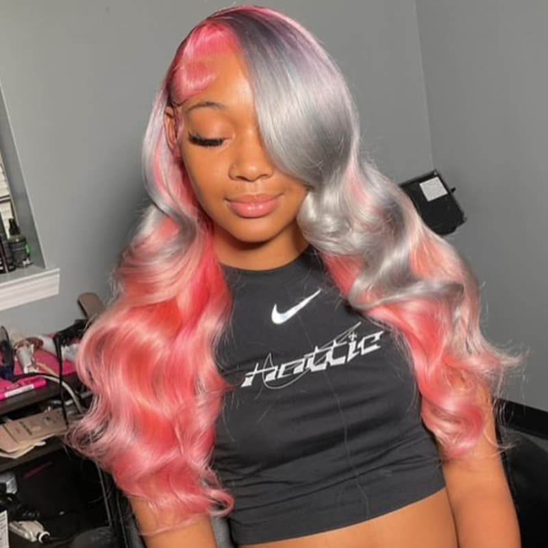 SZC Peekaboo Gray Pink Color 13x4Lace Front Virgin Human Hair Wig