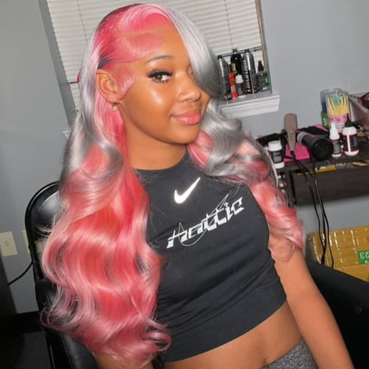 SZC Peekaboo Gray Pink Color 13x4Lace Front Virgin Human Hair Wig