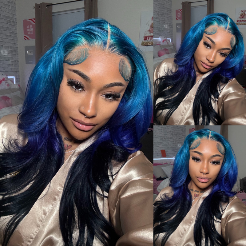 SZC Peekaboo Royal Midnight Blue Two Tones Color Lace Front Human Hair Wig