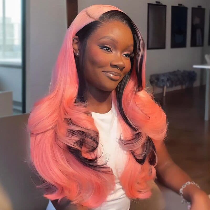 SZC Pink With Black Skunk Stripe 13x4 Lace Front Virgin Human Hair Wigs 200 Density