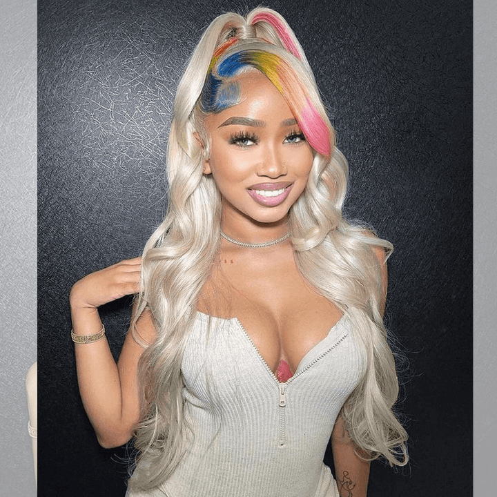 SZC Platinum Blonde With Green Blue Pink Yellow Multi Color Human Hair Wig
