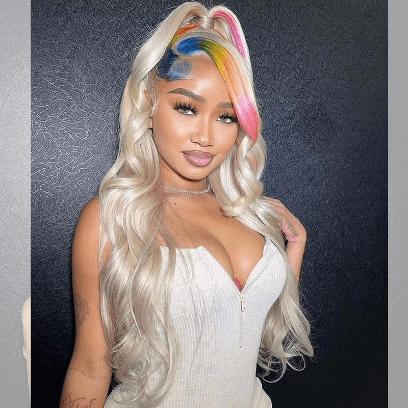 SZC Platinum Blonde With Green Blue Pink Yellow Multi Color Human Hair Wig