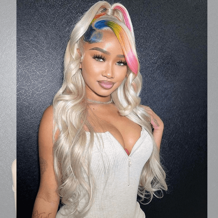 SZC Platinum Blonde With Green Blue Pink Yellow Multi Color Human Hair Wig
