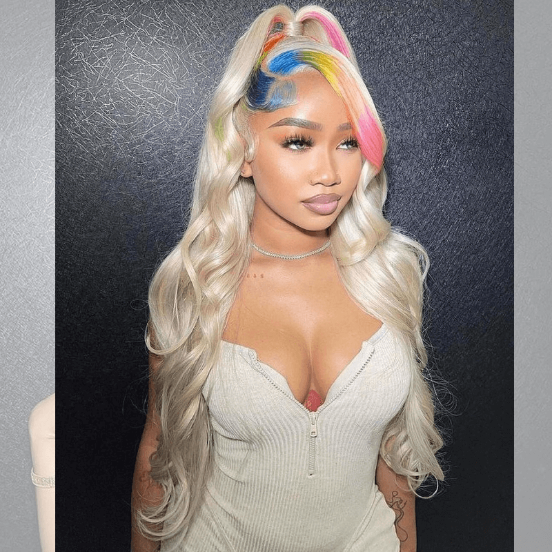 SZC Platinum Blonde With Green Blue Pink Yellow Multi Color Human Hair Wig