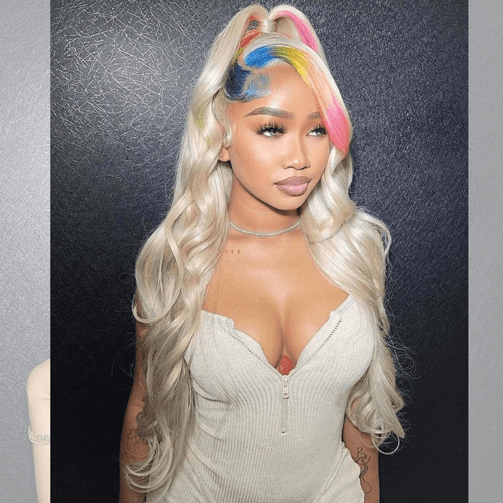 SZC Platinum Blonde With Green Blue Pink Yellow Multi Color Human Hair Wig