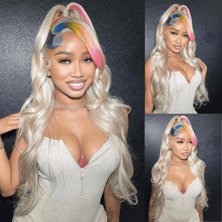 SZC Platinum Blonde With Green Blue Pink Yellow Multi Color Human Hair Wig