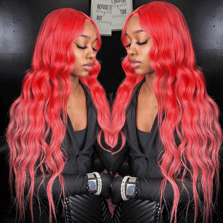 SZC Red-pink Body Wave 200 Density 13x4 HD Lace Front Human Hair Wigs