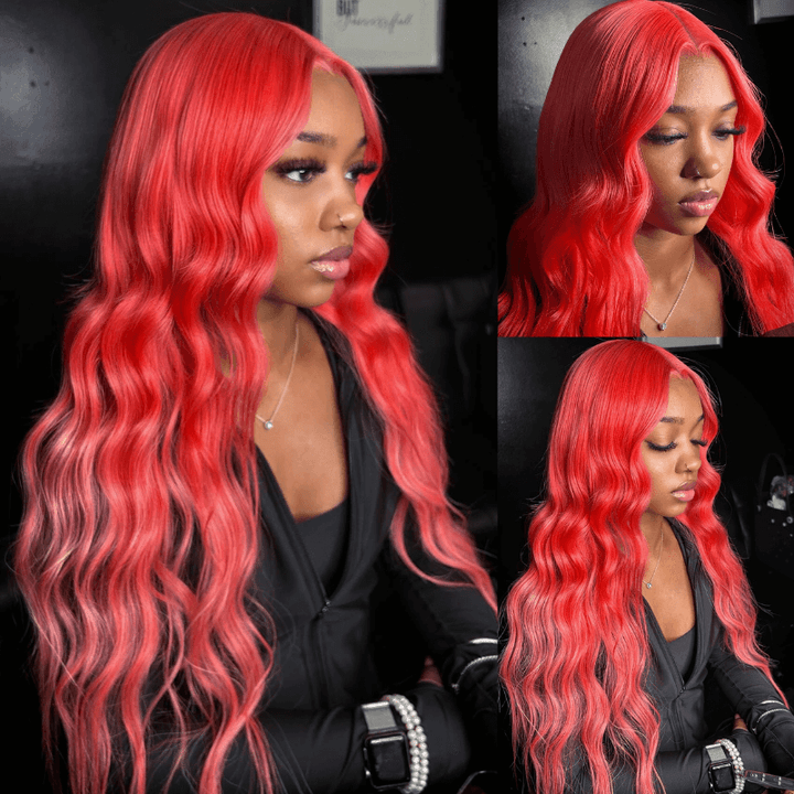 SZC Red-pink Body Wave 200 Density 13x4 HD Lace Front Human Hair Wigs