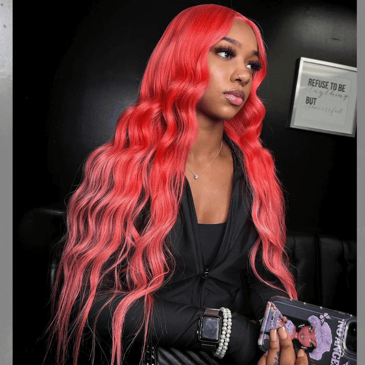 SZC Red-pink Body Wave 200 Density 13x4 HD Lace Front Human Hair Wigs