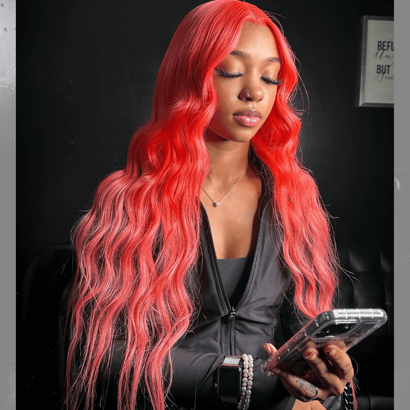 SZC Red-pink Body Wave 200 Density 13x4 HD Lace Front Human Hair Wigs