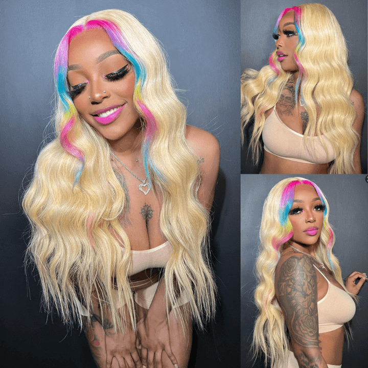 SZC Red Purple Green Yellow Pink Skunk Stripe Virgin Human hair Wigs