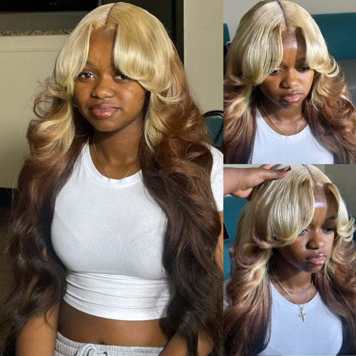 SZC Reverse Ombre Blonde Brown Curtain Bangs 13x4 Lace Front Virgin Human Hair Wigs 200 Density