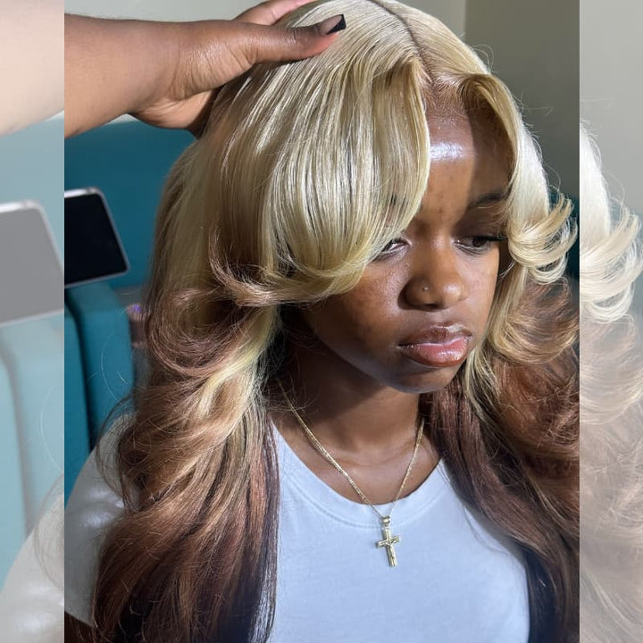 SZC Reverse Ombre Blonde Brown Curtain Bangs 13x4 Lace Front Virgin Human Hair Wigs 200 Density