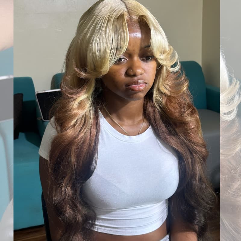SZC Reverse Ombre Blonde Brown Curtain Bangs 13x4 Lace Front Virgin Human Hair Wigs 200 Density