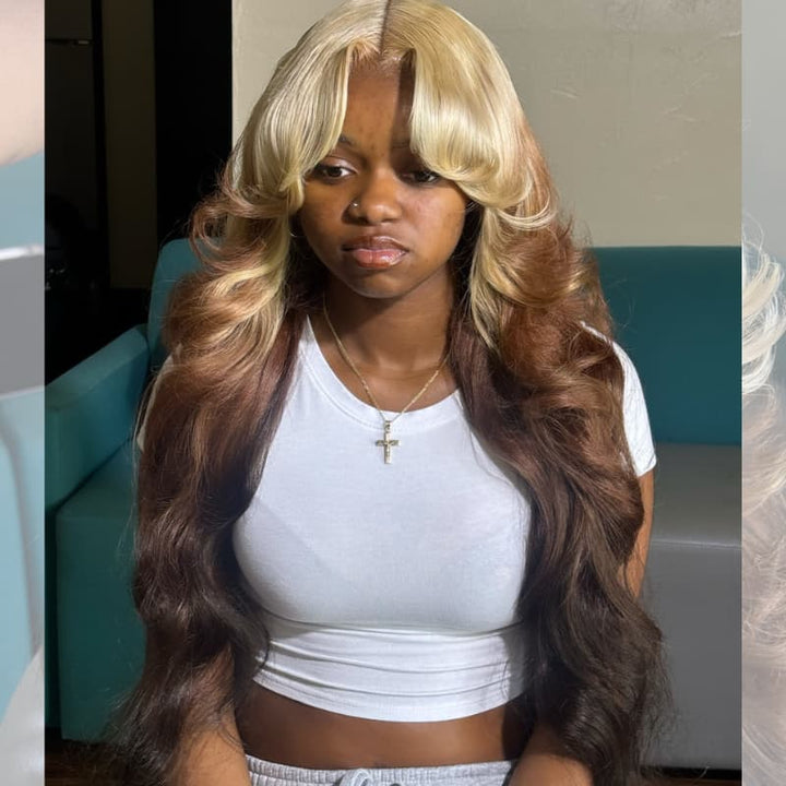 SZC Reverse Ombre Blonde Brown Curtain Bangs 13x4 Lace Front Virgin Human Hair Wigs 200 Density