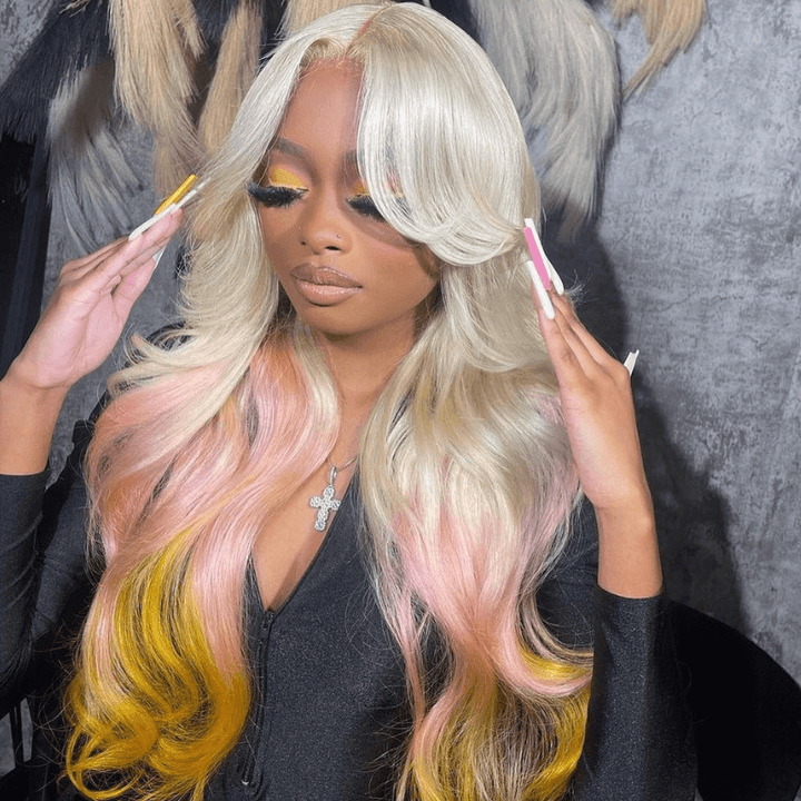 SZC Reverse Ombre Blonde Pink Yellow Color 13x4 Lace Front Human Hair Wig