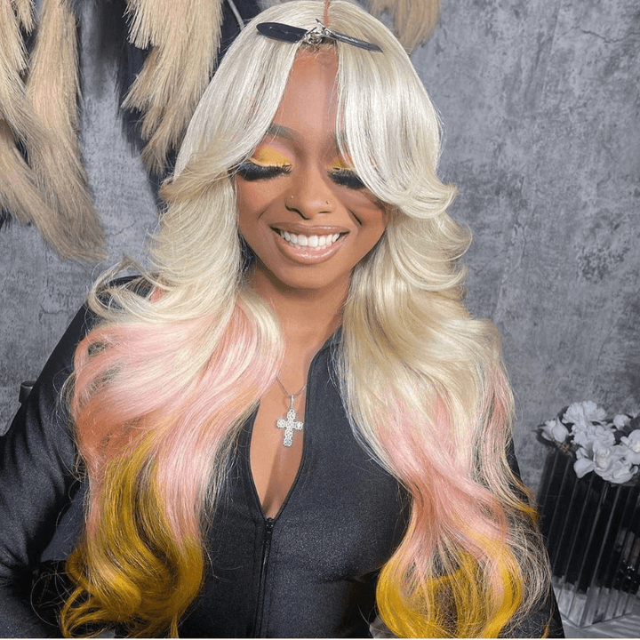 SZC Reverse Ombre Blonde Pink Yellow Color 13x4 Lace Front Human Hair Wig