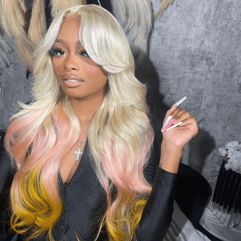 SZC Reverse Ombre Blonde Pink Yellow Color 13x4 Lace Front Human Hair Wig