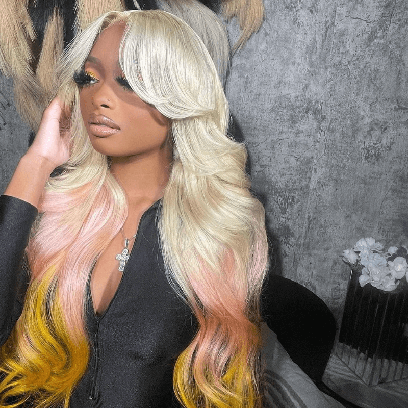 SZC Reverse Ombre Blonde Pink Yellow Color 13x4 Lace Front Human Hair Wig