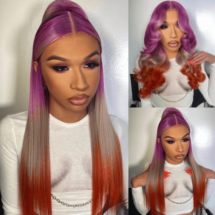 SZC Reverse Ombre Purple Gray Ginger Straight Body Wave Human Hair Wigs