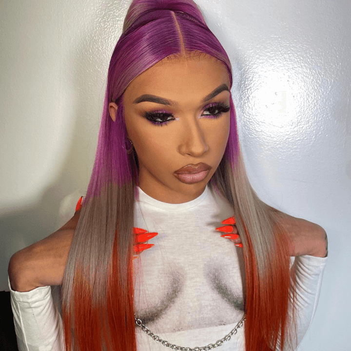 SZC Reverse Ombre Purple Gray Ginger Straight Body Wave Human Hair Wigs