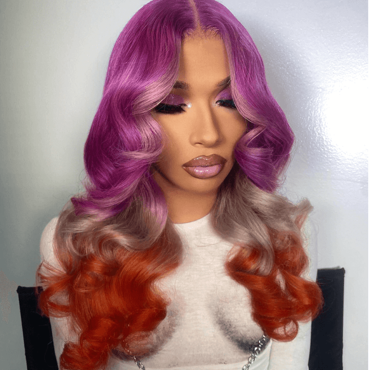 SZC Reverse Ombre Purple Gray Ginger Straight Body Wave Human Hair Wigs