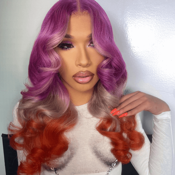 SZC Reverse Ombre Purple Gray Ginger Straight Body Wave Human Hair Wigs