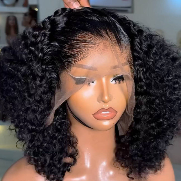 SZC Short Bob Fluffy Cute Kinky Curly 13x4 Lace Front Virgin Human Hair Wigs