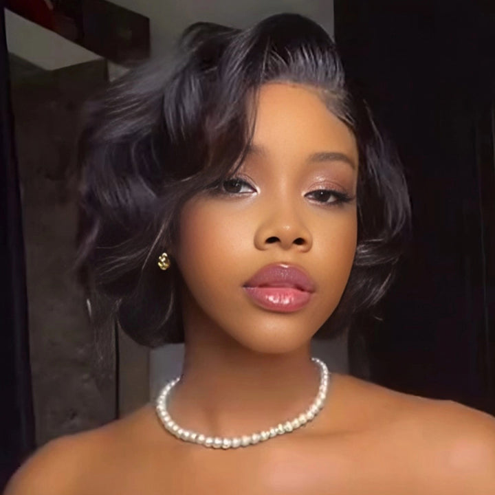 SZC Short Elegant Bob Wavy 13x4 Lace Front Virgin Human Hair Wigs