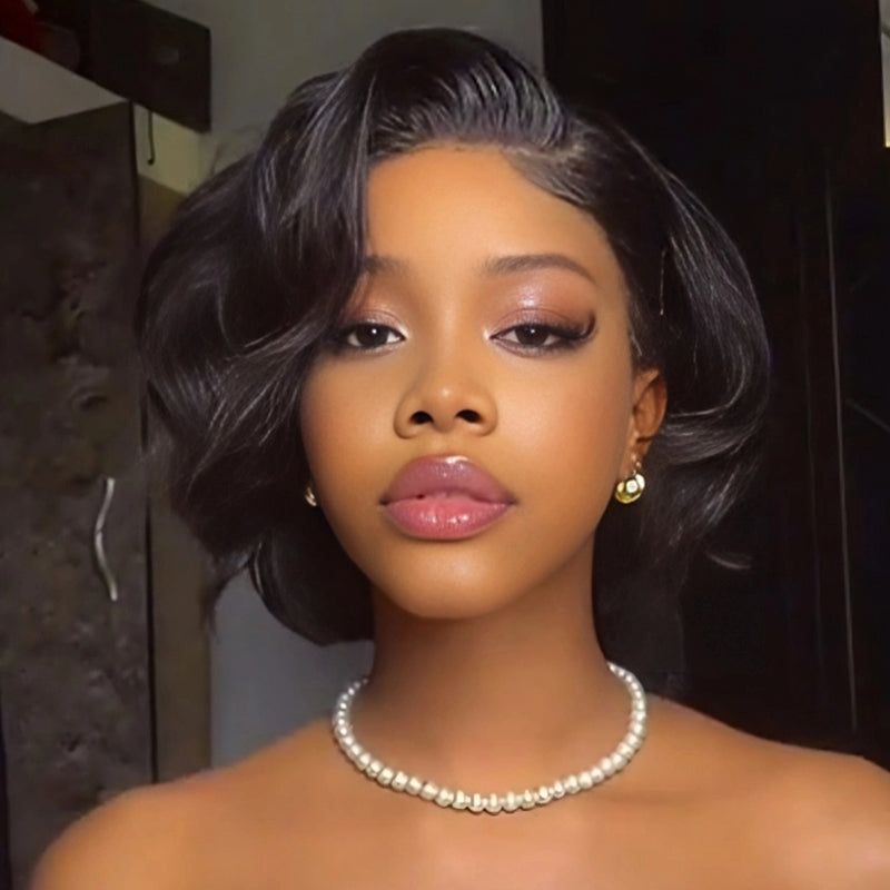 SZC Short Elegant Bob Wavy 13x4 Lace Front Virgin Human Hair Wigs