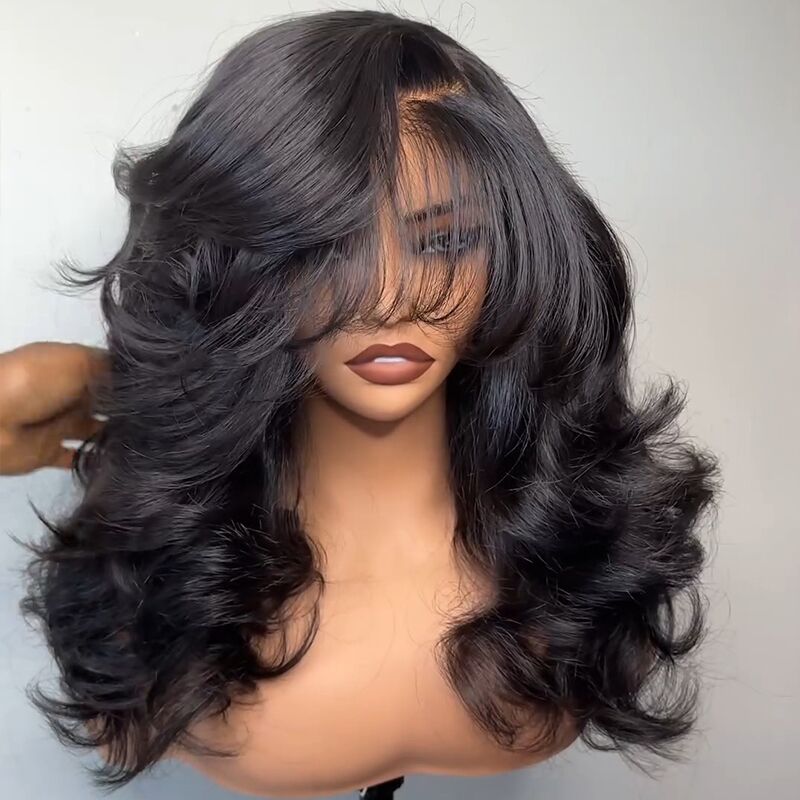 SZC Side Part Layer Cut Straight 13X4 Lace Front Human Hair Wigs With Bangs 250 300 Density