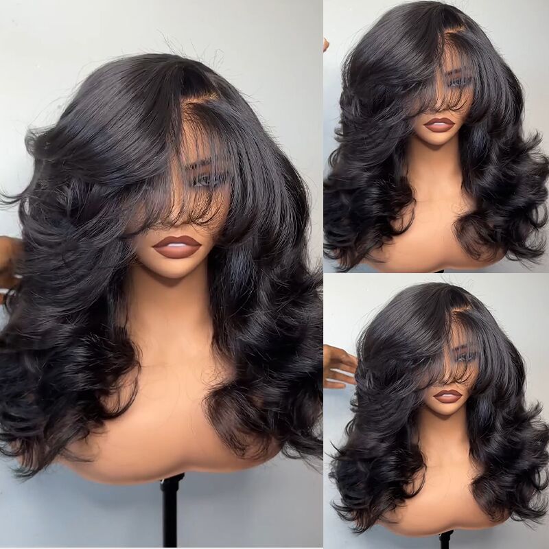 SZC Side Part Layer Cut Straight 13X4 Lace Front Human Hair Wigs With Bangs 250 300 Density